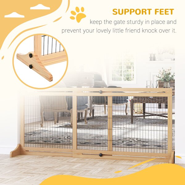 PawHut Adjustable Wooden Pet Gate, Freestanding Dog Barrier Fence with 2 Panels for Doorway, Hallway, 69H x 104-183 cm, Natural