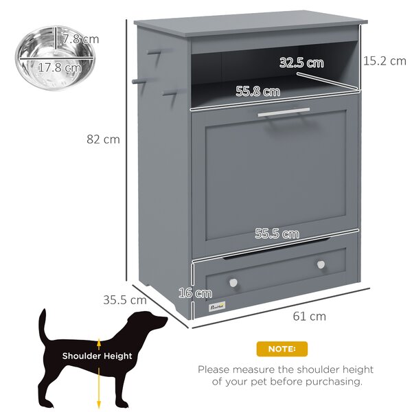 PawHut Pet Feeder Station with Raised Bowls, Dog Food Storage, Feeding and Watering Supplies Hanger, Grey