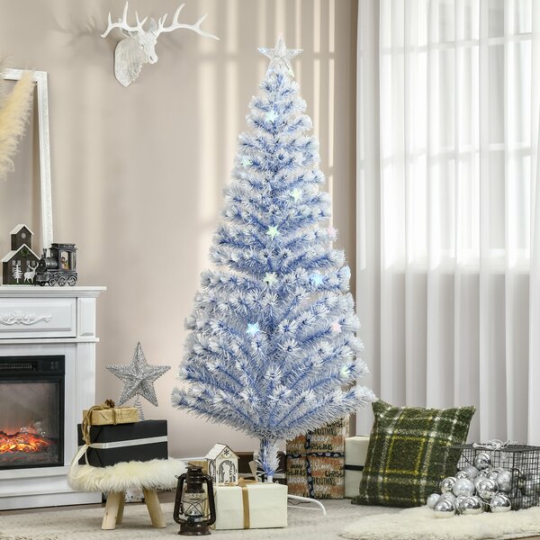 HOMCOM Artificial Fibre Optic Christmas Tree w/ 26 LED Lights Pre-Lit White Blue 6FT