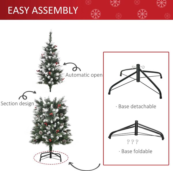 HOMCOM 5FT Pencil Christmas Tree with Red Berries and Pinecones Holiday Home Indoor Decoration with Foldable Feet, Green