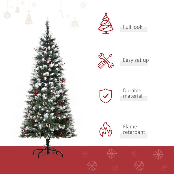 HOMCOM 5FT Pencil Christmas Tree with Red Berries and Pinecones Holiday Home Indoor Decoration with Foldable Feet, Green