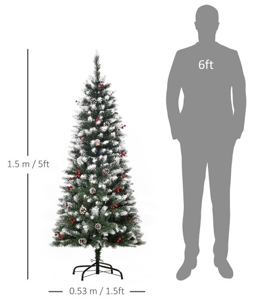 HOMCOM 5FT Pencil Christmas Tree with Red Berries and Pinecones Holiday Home Indoor Decoration with Foldable Feet, Green