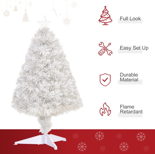 HOMCOM 2.5FT Prelit Artificial Tabletop Christmas Tree with Fibre Optics Holiday Home Xmas Decoration for Table and Desk, White