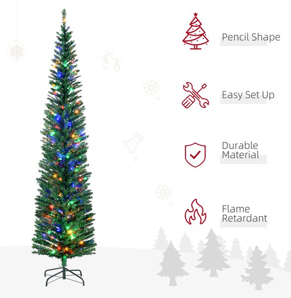 HOMCOM 7.5' Artificial Prelit Christmas Trees Holiday Décor with Colourful LED Lights, Pencil Shape, Steel Base