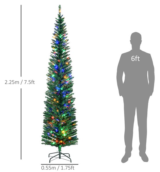 HOMCOM 7.5' Artificial Prelit Christmas Trees Holiday Décor with Colourful LED Lights, Pencil Shape, Steel Base