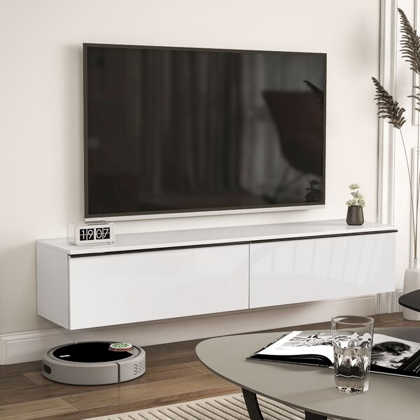 HOMCOM 160cm High Gloss Floating TV Unit Stand for TVs up to 70", Wall Mounted TV Cabinet with Storage Cupboards, White Aosom UK