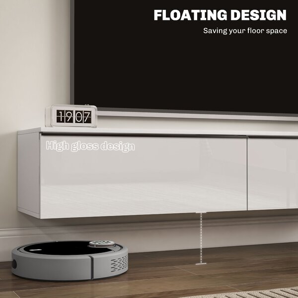 HOMCOM 160cm High Gloss Floating TV Unit Stand for TVs up to 70", Wall Mounted TV Cabinet with Storage Cupboards, White Aosom UK