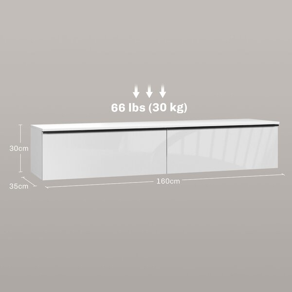 HOMCOM 160cm High Gloss Floating TV Unit Stand for TVs up to 70", Wall Mounted TV Cabinet with Storage Cupboards, White Aosom UK