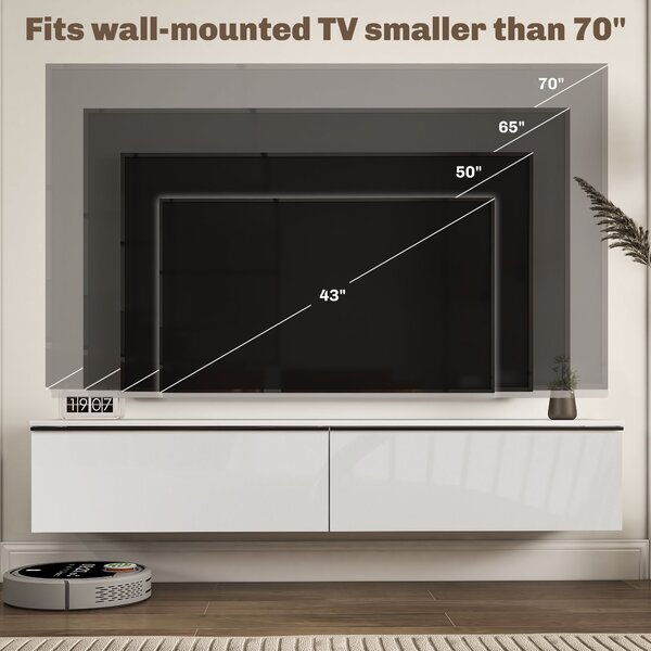 HOMCOM 160cm High Gloss Floating TV Unit Stand for TVs up to 70", Wall Mounted TV Cabinet with Storage Cupboards, White Aosom UK