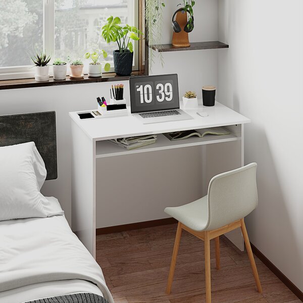 HOMCOM Writing Desk, Computer Table, Small Writing Desk with Storage Shelf, High Gloss, Modern Home Office Desk, White Aosom UK