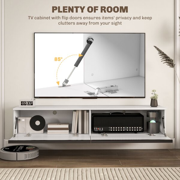 HOMCOM 160cm High Gloss Floating TV Unit Stand for TVs up to 70", Wall Mounted TV Cabinet with Storage Cupboards, White Aosom UK