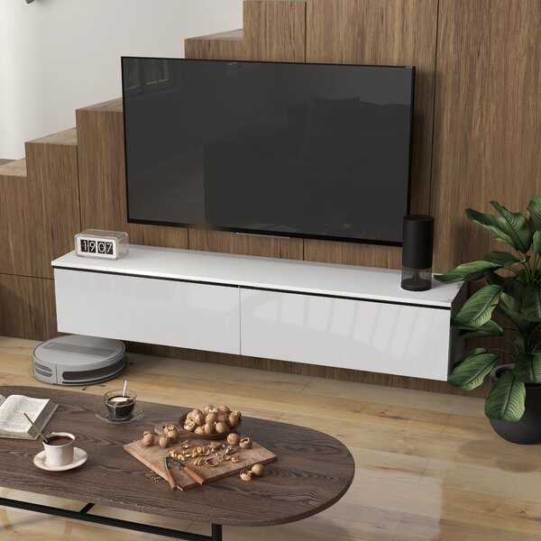 HOMCOM 160cm High Gloss Floating TV Unit Stand for TVs up to 70", Wall Mounted TV Cabinet with Storage Cupboards, White Aosom UK