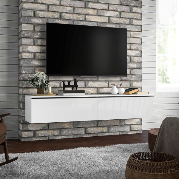 HOMCOM 160cm High Gloss Floating TV Unit Stand for TVs up to 70", Wall Mounted TV Cabinet with Storage Cupboards, White Aosom UK