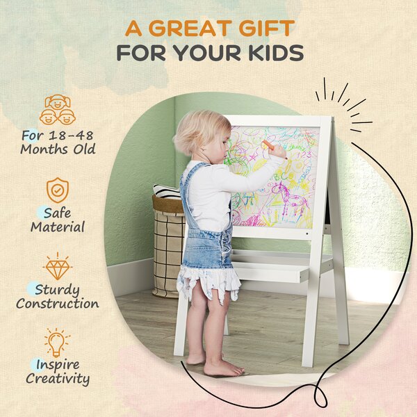 AIYAPLAY Double-Sided Kids Easel, Art Easel for Toddlers, 2-in-1 Kids Whiteboard Blackboard with Storage Shelf for Ages 18-48 Months - White