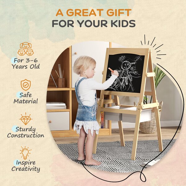 AIYAPLAY Kids Easel with Paper Roll, 3 in 1 Art Easel for Toddlers, Double-Sided Kids Whiteboard Blackboard w/ Storage Baskets, 3-6 Years Aosom UK