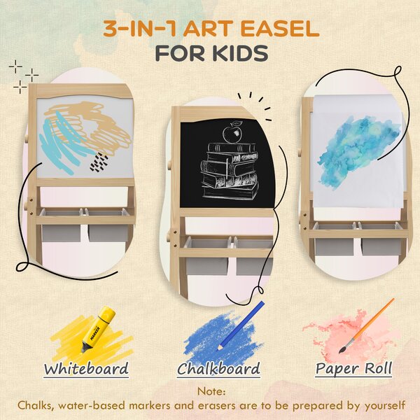 AIYAPLAY Kids Easel with Paper Roll, 3 in 1 Art Easel for Toddlers, Double-Sided Kids Whiteboard Blackboard w/ Storage Baskets, 3-6 Years Aosom UK