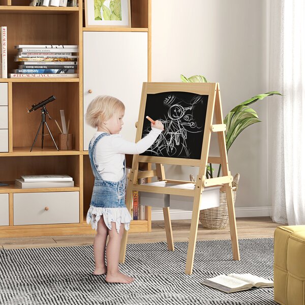 AIYAPLAY Kids Easel with Paper Roll, 3 in 1 Art Easel for Toddlers, Double-Sided Kids Whiteboard Blackboard w/ Storage Baskets, 3-6 Years Aosom UK
