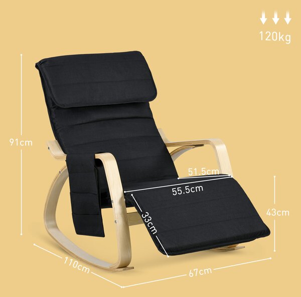 HOMCOM Rocking Lounge Chair Recliner Relaxation Lounging Relaxing Seat with Adjustable Footrest, Side Pocket and Pillow, Black Aosom UK