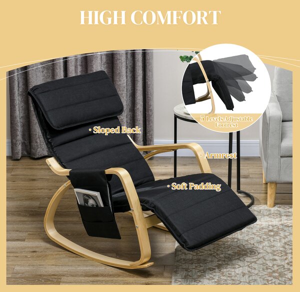 HOMCOM Rocking Lounge Chair Recliner Relaxation Lounging Relaxing Seat with Adjustable Footrest, Side Pocket and Pillow, Black Aosom UK