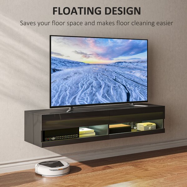 HOMCOM Floating TV Unit Wall Mounted TV Cabinet, High Gloss Media Wall Unit with LED Lights, Storages Shelves for Entertainment Black Aosom UK