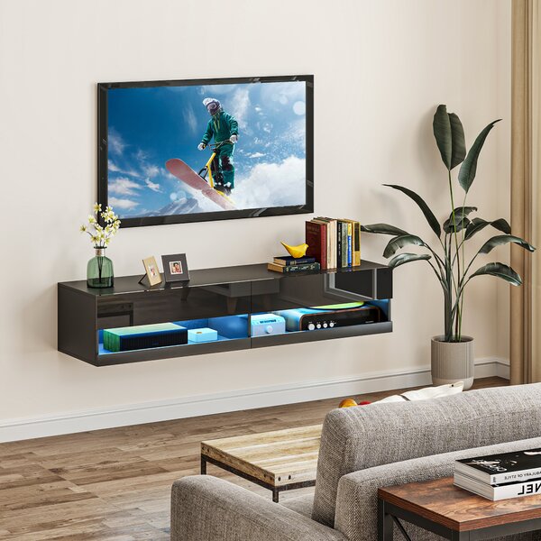 HOMCOM Floating TV Unit Wall Mounted TV Cabinet, High Gloss Media Wall Unit with LED Lights, Storages Shelves for Entertainment Black Aosom UK