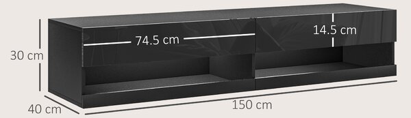 HOMCOM Floating TV Unit Wall Mounted TV Cabinet, High Gloss Media Wall Unit with LED Lights, Storages Shelves for Entertainment Black Aosom UK