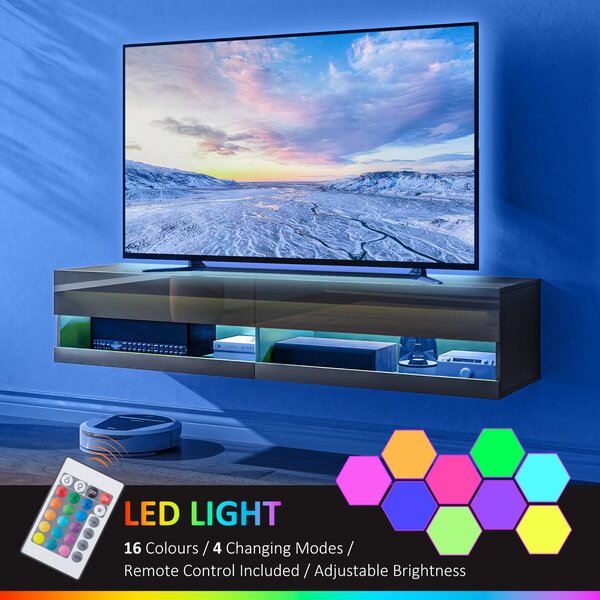 HOMCOM Floating TV Unit Wall Mounted TV Cabinet, High Gloss Media Wall Unit with LED Lights, Storages Shelves for Entertainment Black Aosom UK
