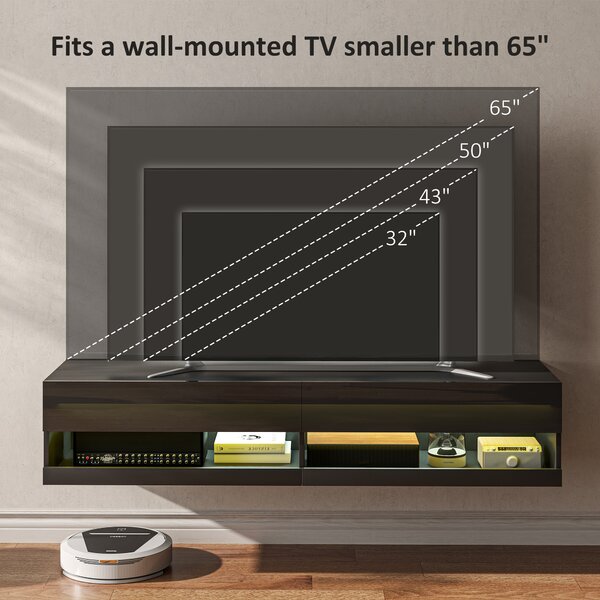 HOMCOM Floating TV Unit Wall Mounted TV Cabinet, High Gloss Media Wall Unit with LED Lights, Storages Shelves for Entertainment Black Aosom UK