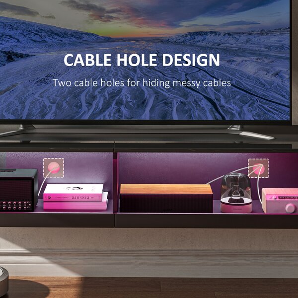 HOMCOM Floating TV Unit Wall Mounted TV Cabinet, High Gloss Media Wall Unit with LED Lights, Storages Shelves for Entertainment Black Aosom UK