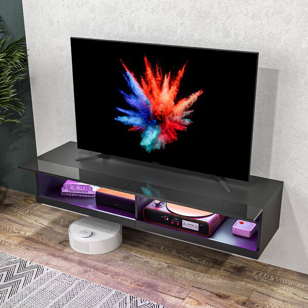HOMCOM Floating TV Unit Wall Mounted TV Cabinet, High Gloss Media Wall Unit with LED Lights, Storages Shelves for Entertainment Black Aosom UK
