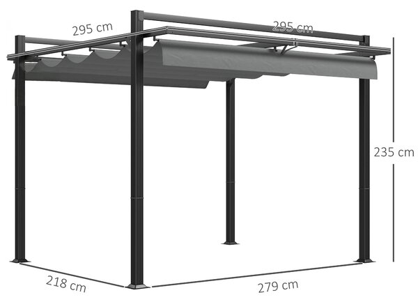 Outsunny 3 x 3(m) Retractable Pergola, Garden Gazebo Shelter with Aluminium Frame, for Grill, Patio, Deck, Dark Grey