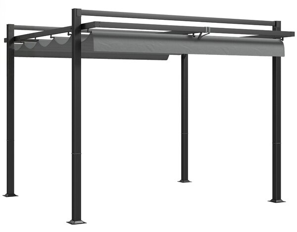 Outsunny 3 x 3(m) Retractable Pergola, Garden Gazebo Shelter with Aluminium Frame, for Grill, Patio, Deck, Dark Grey