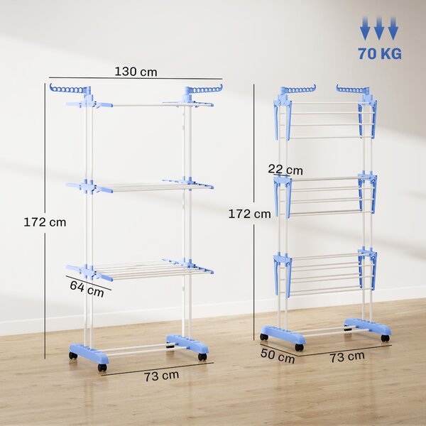 HOMCOM Foldable Clothes Drying Rack, 4-Tier Steel Garment Laundry Rack with Castors for Indoor and Outdoor Use, Blue