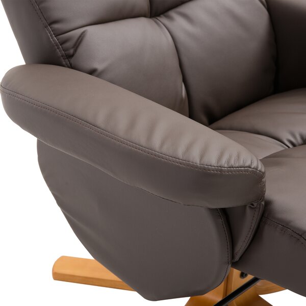 HOMCOM Faux Leather Swivel Recliner Chair with Footstool and Storage, Wooden Base Armchair, Brown Aosom UK