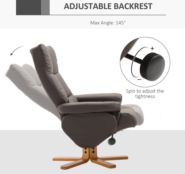 HOMCOM Faux Leather Swivel Recliner Chair with Footstool and Storage, Wooden Base Armchair, Brown Aosom UK