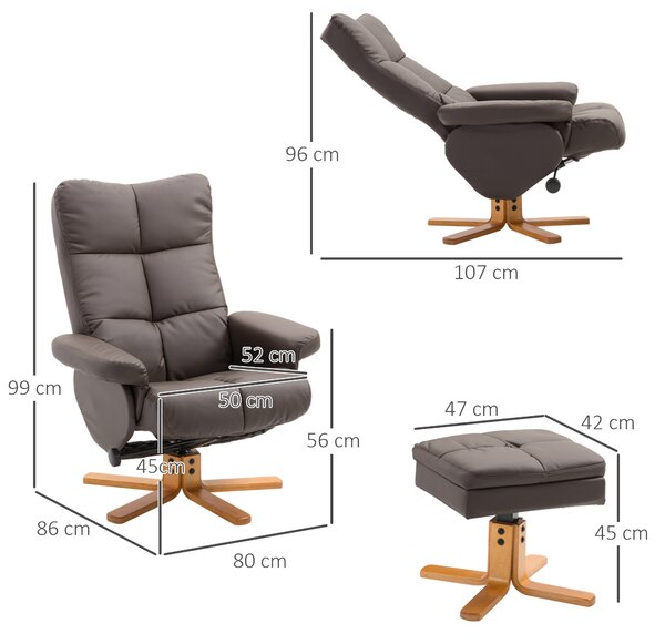 HOMCOM Faux Leather Swivel Recliner Chair with Footstool and Storage, Wooden Base Armchair, Brown Aosom UK