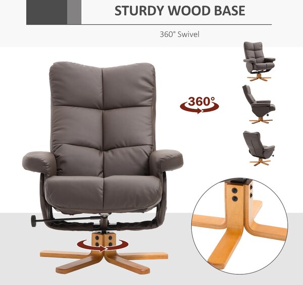 HOMCOM Faux Leather Swivel Recliner Chair with Footstool and Storage, Wooden Base Armchair, Brown Aosom UK