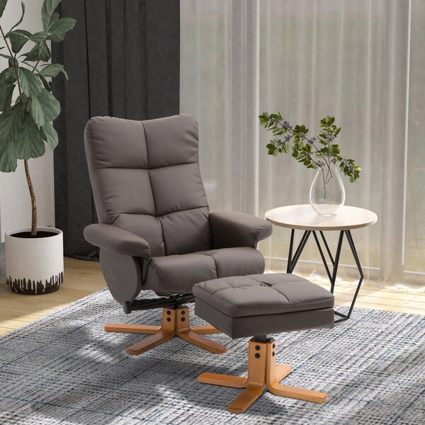 HOMCOM Faux Leather Swivel Recliner Chair with Footstool and Storage, Wooden Base Armchair, Brown Aosom UK
