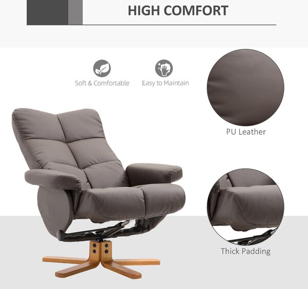 HOMCOM Faux Leather Swivel Recliner Chair with Footstool and Storage, Wooden Base Armchair, Brown Aosom UK