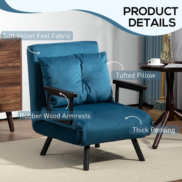 HOMCOM Click Clack Chair Bed, Convertible Single Chair Couch with 2 Cushions, for Living Room, Bedroom, Navy Blue Aosom UK
