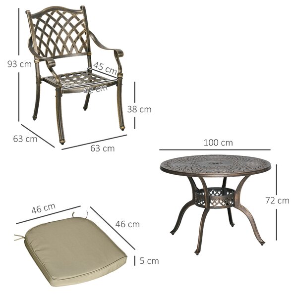 Outsunny 4 Seater Outdoor Dining Set Antique Cast Aluminium Garden Furniture Set with Cushions Round Dining Table with Parasol Hole, Bronze