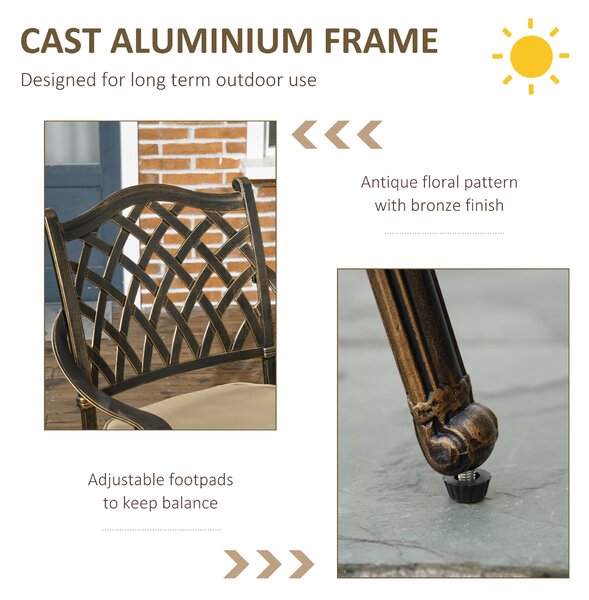 Outsunny 4 Seater Outdoor Dining Set Antique Cast Aluminium Garden Furniture Set with Cushions Round Dining Table with Parasol Hole, Bronze