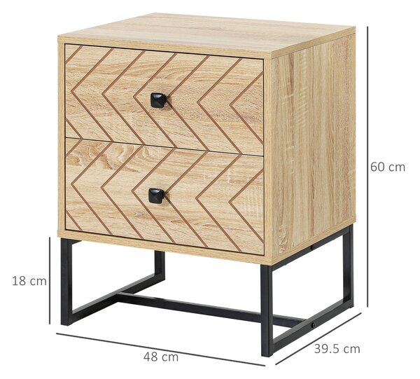 HOMCOM Unique Bedside Cabinet, Two-Drawer Nightstand, Zig Zag Design, Black Metal Handles, Melamine Finish