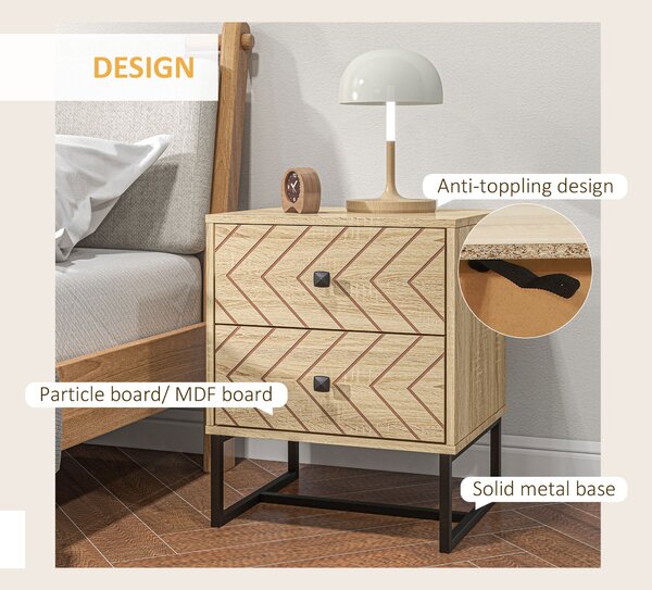HOMCOM Unique Bedside Cabinet, Two-Drawer Nightstand, Zig Zag Design, Black Metal Handles, Melamine Finish