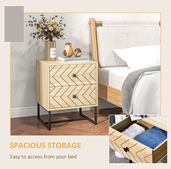 HOMCOM Unique Bedside Cabinet, Two-Drawer Nightstand, Zig Zag Design, Black Metal Handles, Melamine Finish