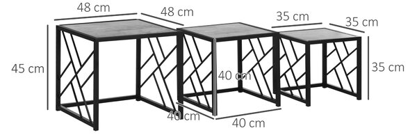 HOMCOM Set of 3 Nest of Tables, Square Side Tables with Black Metal Frame, for Living Room, Bedroom and Office, Grey