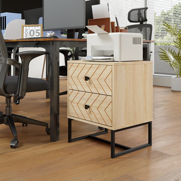 HOMCOM Unique Bedside Cabinet, Two-Drawer Nightstand, Zig Zag Design, Black Metal Handles, Melamine Finish