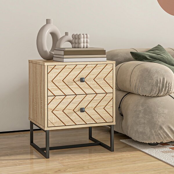HOMCOM Unique Bedside Cabinet, Two-Drawer Nightstand, Zig Zag Design, Black Metal Handles, Melamine Finish