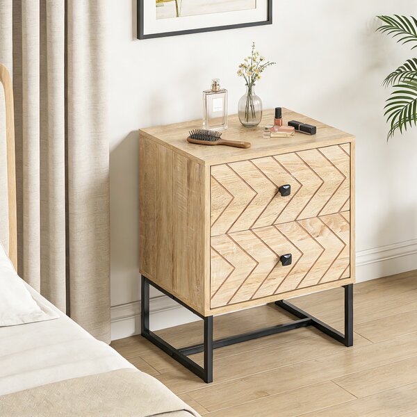 HOMCOM Unique Bedside Cabinet, Two-Drawer Nightstand, Zig Zag Design, Black Metal Handles, Melamine Finish