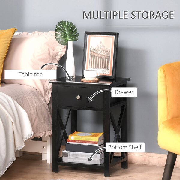 HOMCOM Traditional Accent End Table With 1 Drawer,X Bar Bottom Storage Shelf, for Living Room Bedroom Room 40L x 30W x 55H cm - Black